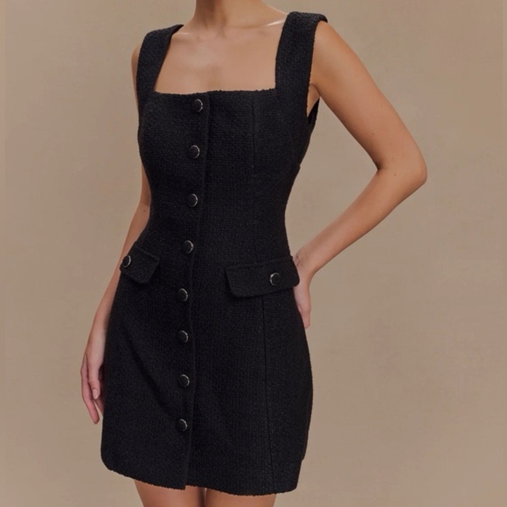 Meshki Desire Boucle Black Tweed Square Neck Mini Dress with Button Front